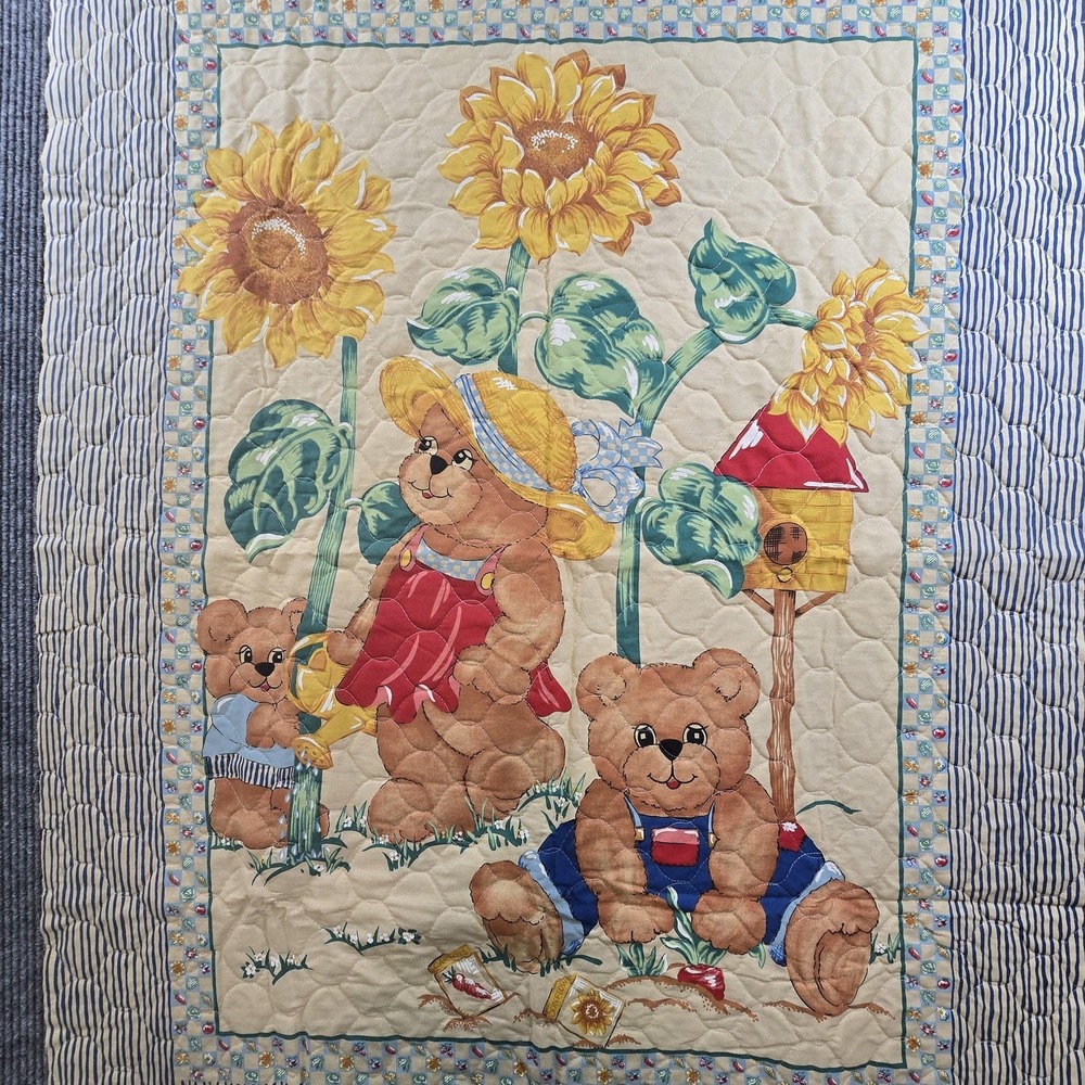 Vintage Princess Fabrics Teddy Bear Sunflower Cheater Quilt Crib Nursery Country